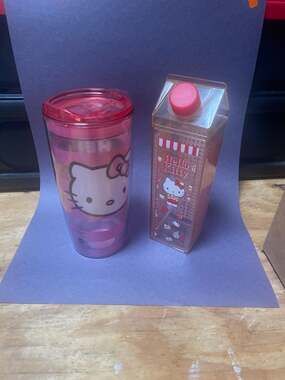 Hello Kitty Acrylic Drinkware Set: 20oz Striped Travel Tumbler and 16oz Milk Car